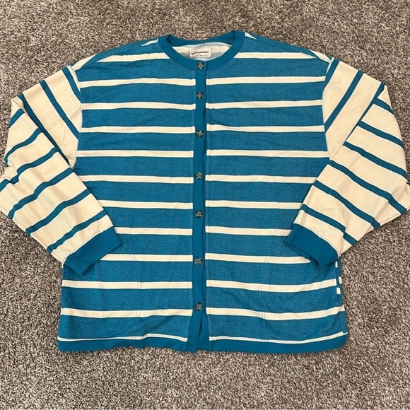 FREE PEOPLE Classic Striped Blue and Cream Sweatshirt Cardigan - Picture 4 of 6